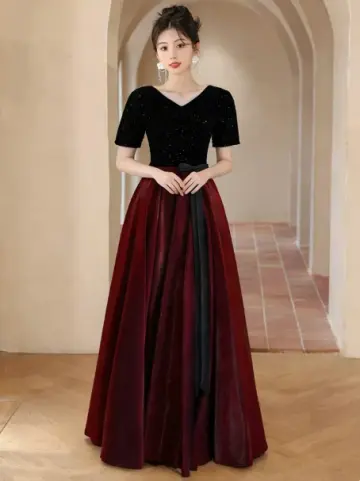 Elegant Burgundy and Black Prom Dress ,A-Line Jewel Corset Maxi Evening Dress RS1087