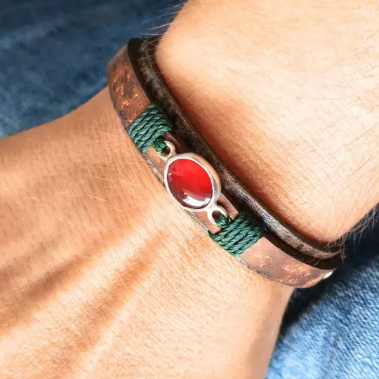 Cherry Agate OOAK Leather Bracelet — Oak Brown Crazy Horse Leather