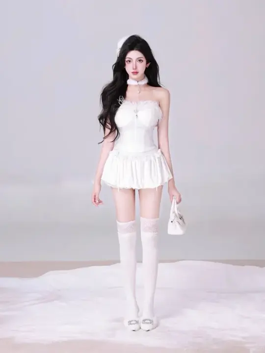 White tube top slim waist A-line short skirt homecoming dress R5331