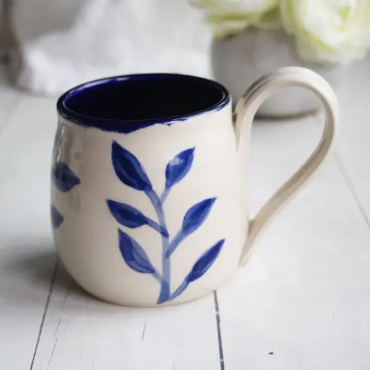 Dark Blue Stoneware Mug with Free Hand Floral Design, Made in USA