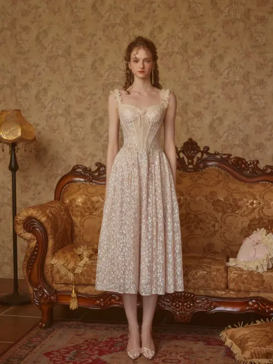 French style heavy lace suspender fishbone dress light evening gown R5065