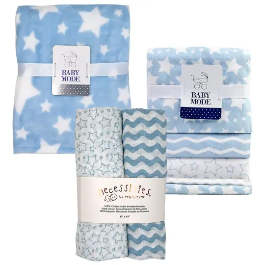 Baby Mode Baby Boys and Baby Girls Stars 7 Piece Baby Blanket Gift Set, Blue