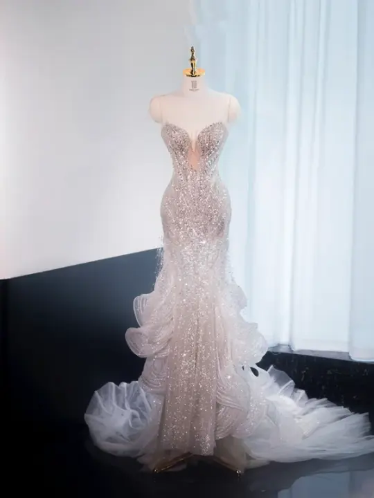 Silver round neck, fitted waist, bodycon long ball gown, bridal dress R8992