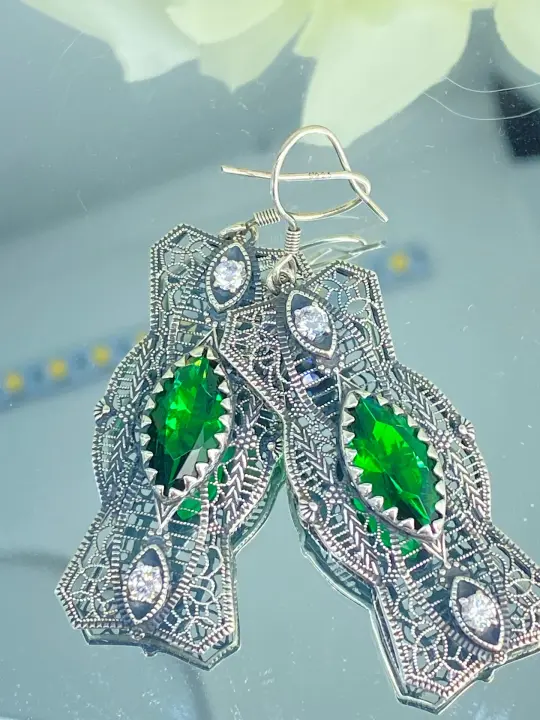 Emerald Earrings, Marquise Green & CZ Gems, 1920's Art Deco Filigree E62 - Ready to Ship