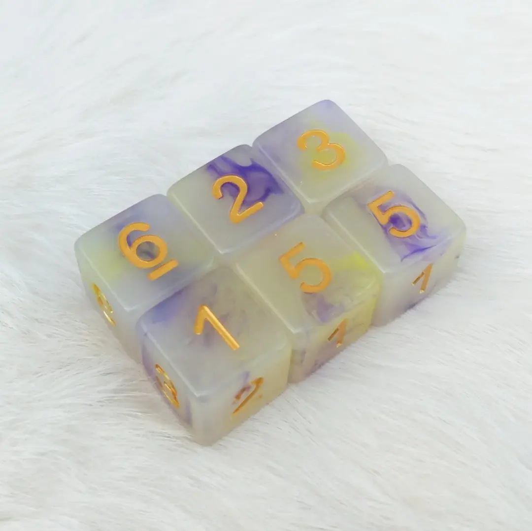 Magic Aura D6 Set – 6-Piece Semi Clear Yellow Purple Ink Gold Font Dice
