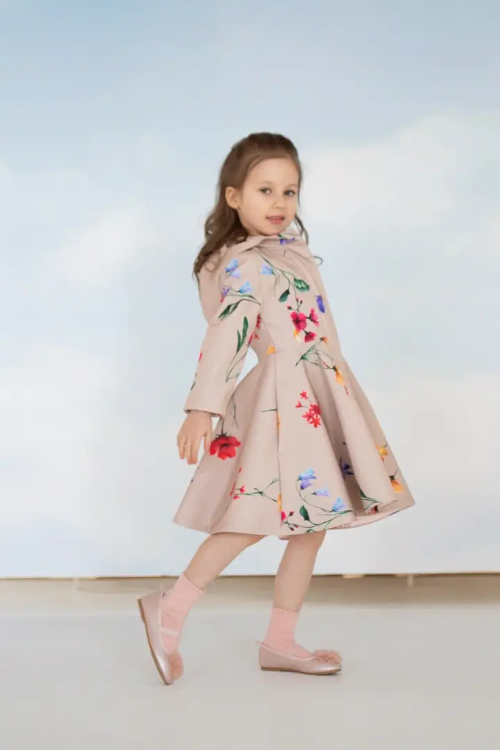 Beige Coat with Colorful Flower Print for Girls | Spring Bloom