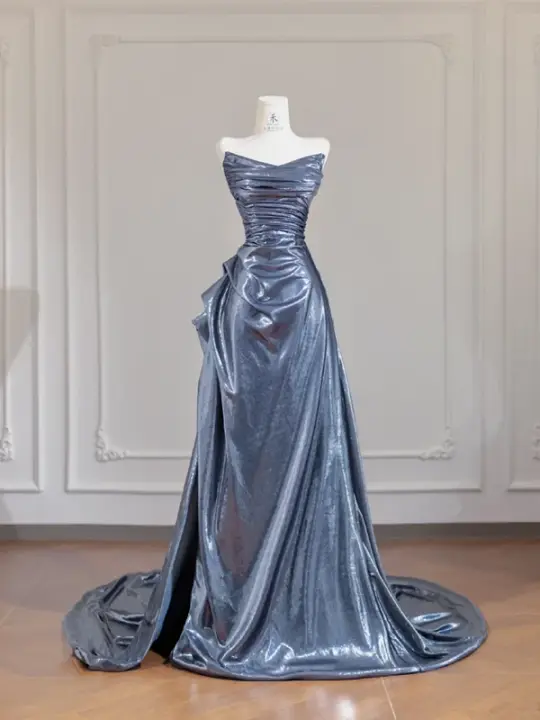 Gray-blue strapless fitted long ball gown R8257