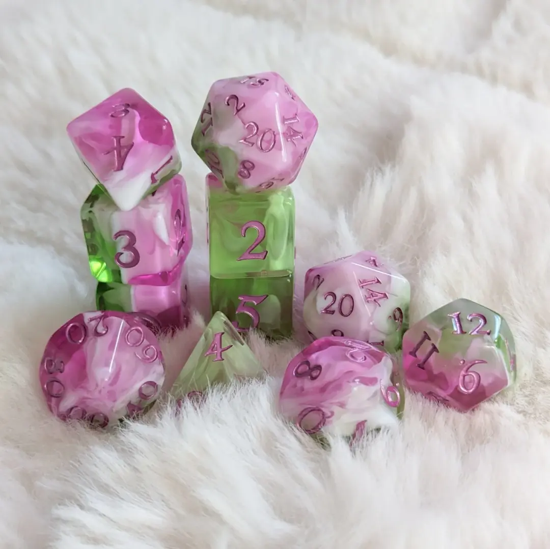 Bardic Inspiration Dice Set – 11-Piece Pink Green White DnD Dice | Fennek & Finch