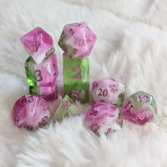 Bardic Inspiration Dice Set – 11-Piece Pink Green White DnD Dice | Fennek & Finch