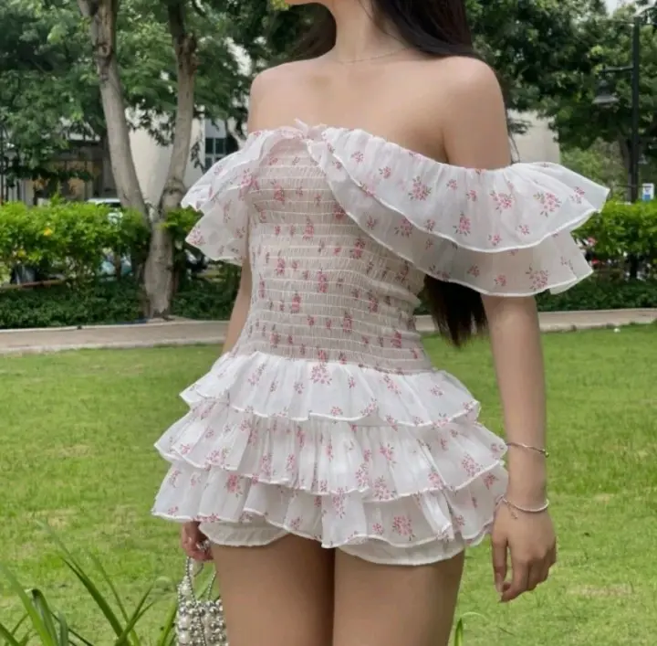 Floral Tulle Ruffled Women's Homecoming Dress White Waist Fitted Short Prom Gown Party Dress RS3400