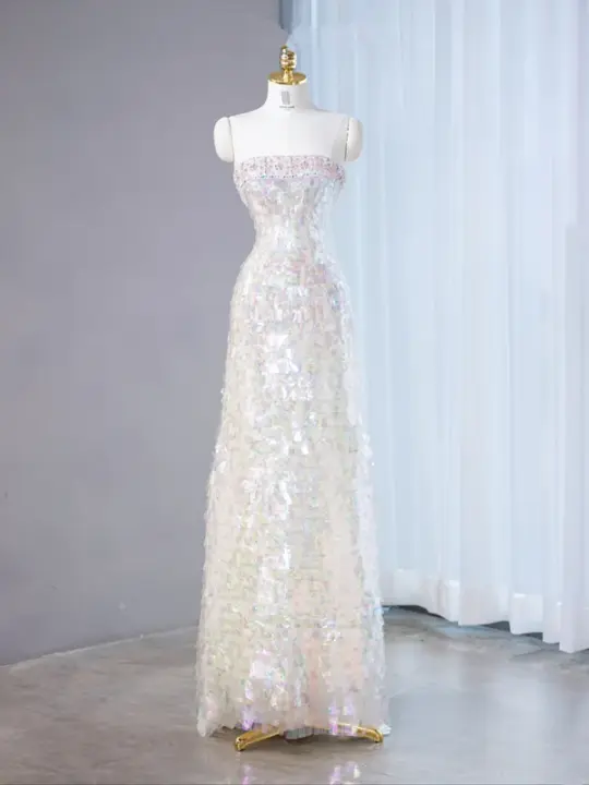 White iridescent sequined strapless fitted waist sexy long ball gown/bridal dress R9020