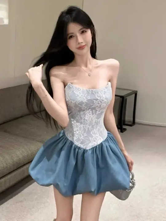 Tube Top Slim Waist Flower Bud Skirt Short Skirt Homecoming Dress R3678