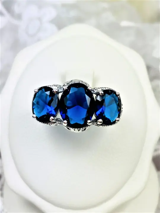 Sapphire Blue Ring, Size 8.5, Triple Stone Cocktail Ring, Art Deco Jewelry #D36 - Ready to Ship