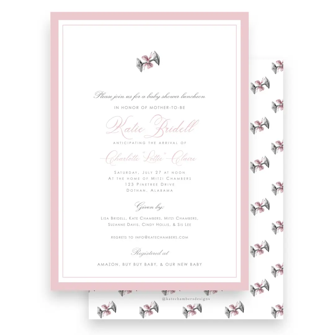 Watercolor Silver Baby Rattle with Pink Bow Baby Shower Invitation