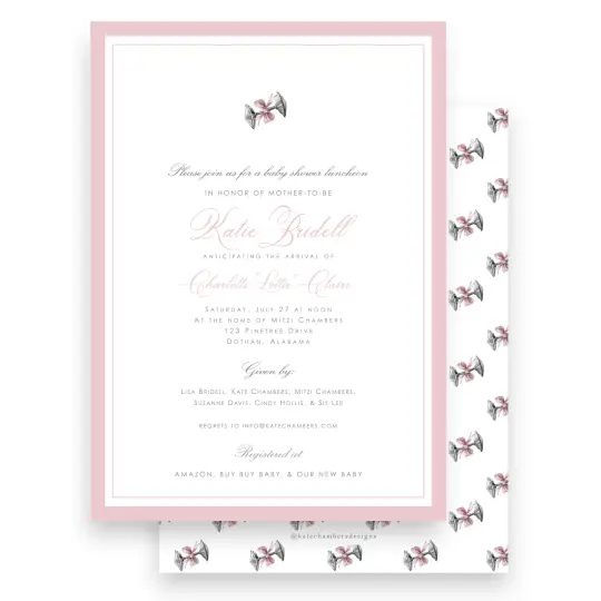 Watercolor Silver Baby Rattle with Pink Bow Baby Shower Invitation
