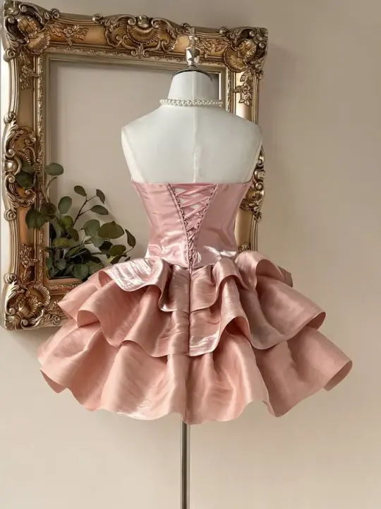 Lovely Dusty Pink Ruffled Homecoming Dress ,A-Line Strapless Corset Cute Princess Dress RS977