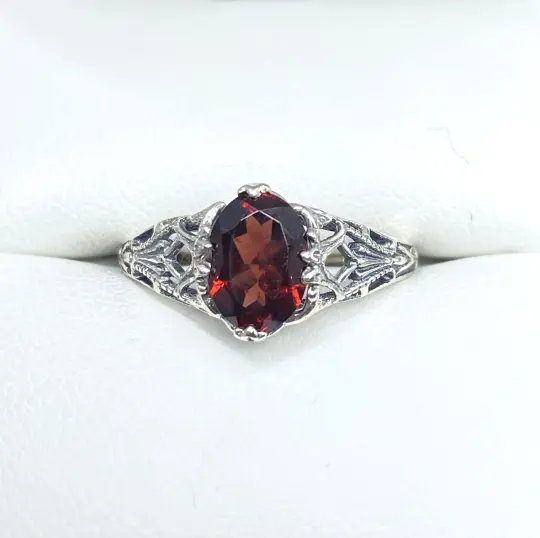 Natural Garnet Ring, Size 6, Victorian Filigree Jewelry #D56 - Ready to Ship