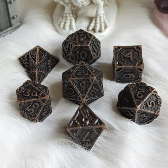 Metal Gears Dice Set Bronze – 7-Piece Clockwork Zinc Alloy DnD Dice