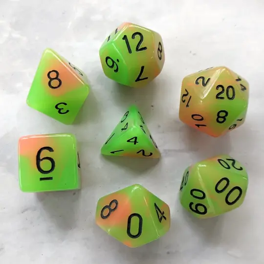 Glow in the Dark Dice Set – 7-Piece Green Orange Glowing DnD Dice