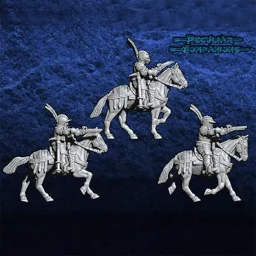 Unpainted 28mm 3D-printed cuirassiers in blackened plate armor, 3 cavalry miniatures — tabletop miniatures for historical wargaming, D&D & Pathfinder