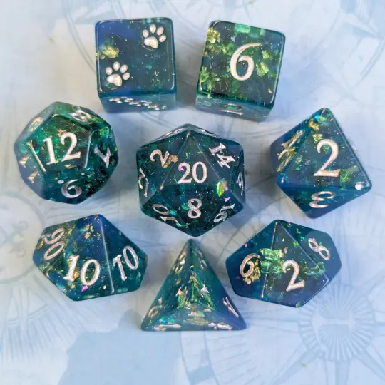 Saltmarsh Dice Set – 8-Piece Blue Green Opal Flakes Gold Foil DnD Dice