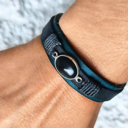Black Onyx Leather Bracelet — Muted Blue & Black, OOAK
