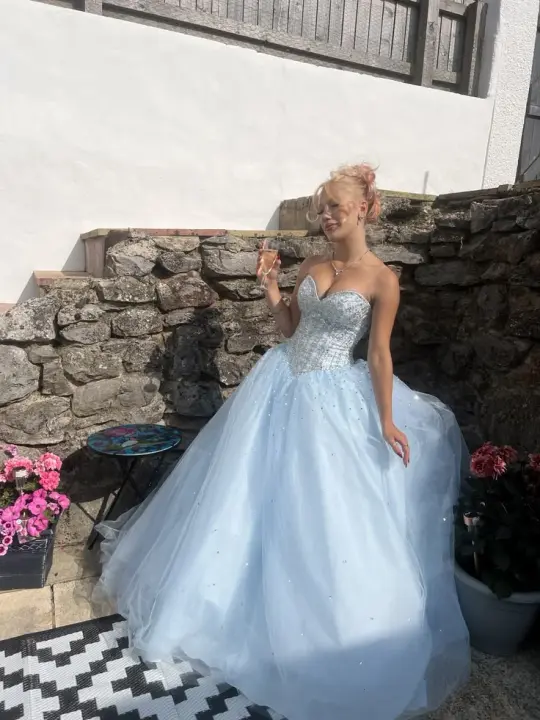 Puffy Tulle Sequins Women's Prom Gown Pale Blue Waist Fitted Maxi Evening Dress Birthday Dress — Fall Outfit 2026 New  RS3290
