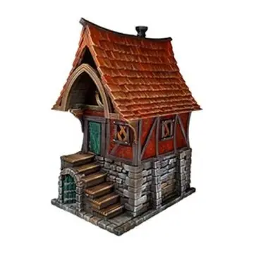 Redwall Cottage 28mm 3D printed medieval fantasy town terrain, painted example, three-quarter view