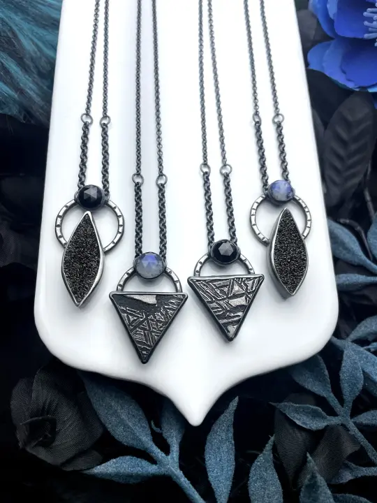 Meteorite and Black Druzy Orbit Necklaces
