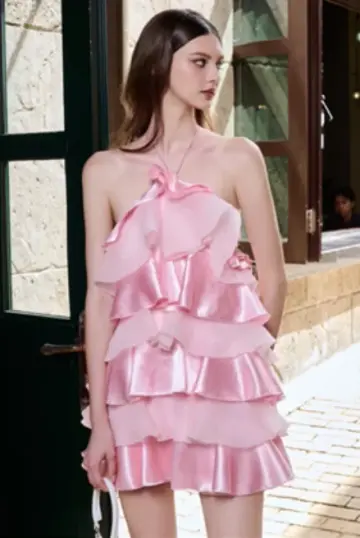 Pink Halter Cake Cute Pink Girl Short Skirt Homecoming Dress R4649