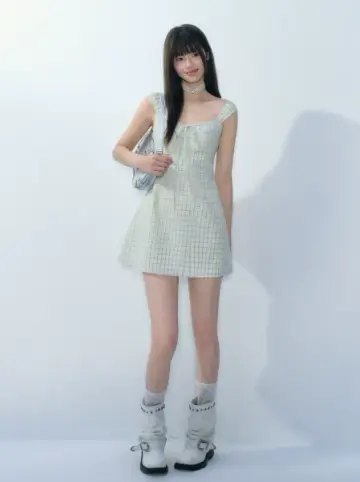 Fresh Style Yellow Blue Plaid Tie Front Dress Women Summer Slim Fit Flare Dress R9352