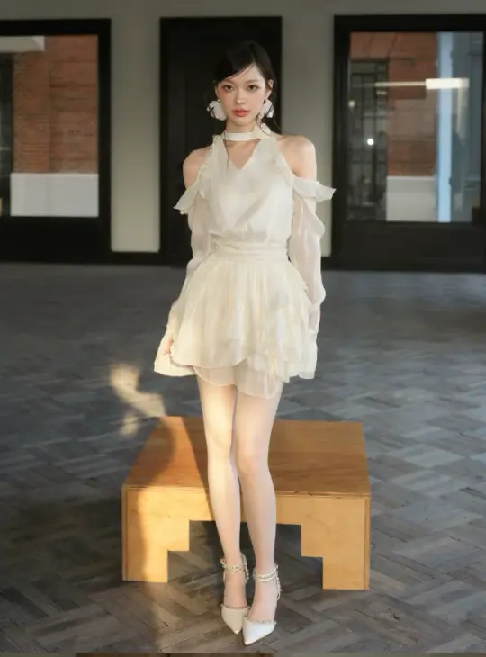 White Halter Neck Dress with Off-Shoulder Ruffle Sleeves and Tiered Skirt R9224