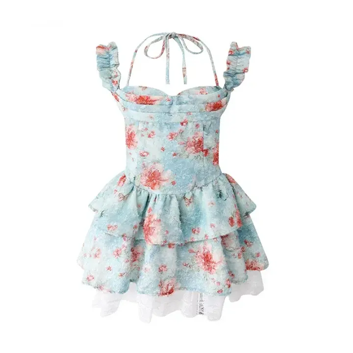 Blue halter floral waist slim skirt homecoming dress R5264