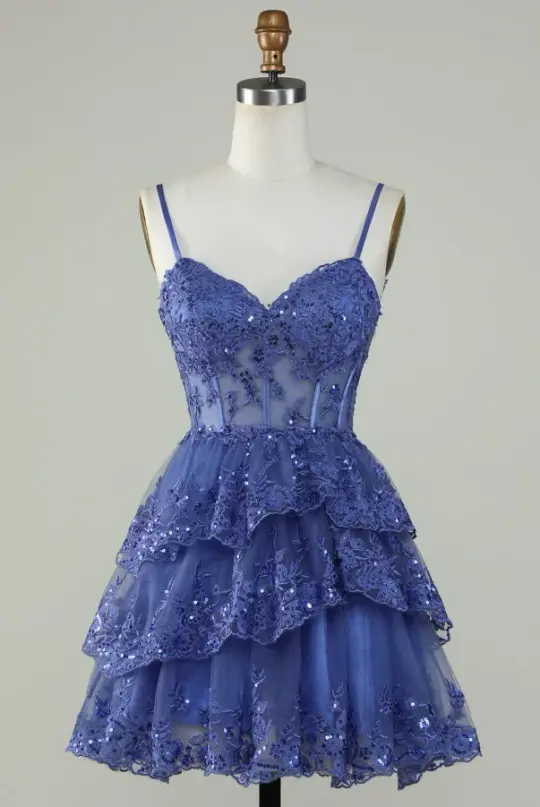 Lace Embroidered Ruffled Women's Homecoming Dress Navy Corset Short Prom Dress RS2357