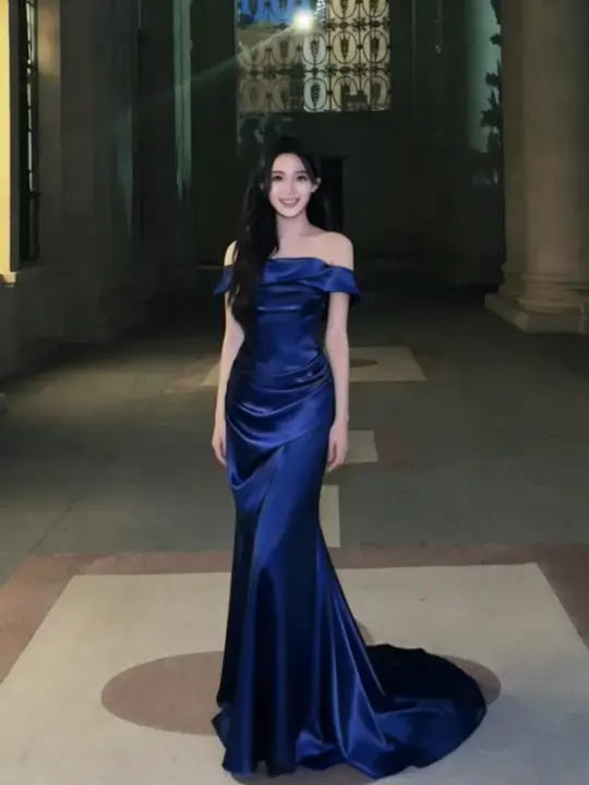 Blue off-the-shoulder fitted mermaid skirt ball gown R8651