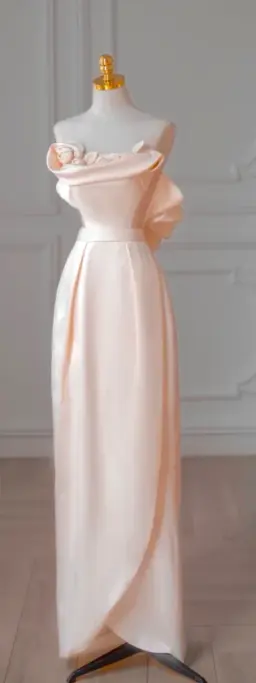 Light pink strapless slim waist satin maxi ball gown bridal gown R5877