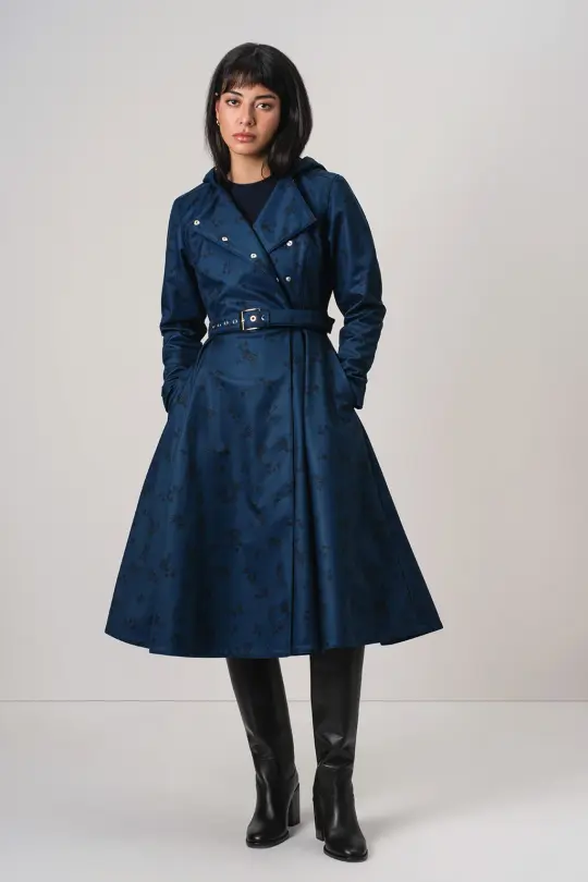 Double Breasted Trench Coat in Dark Blue with Black Floral Print | Blue Frost