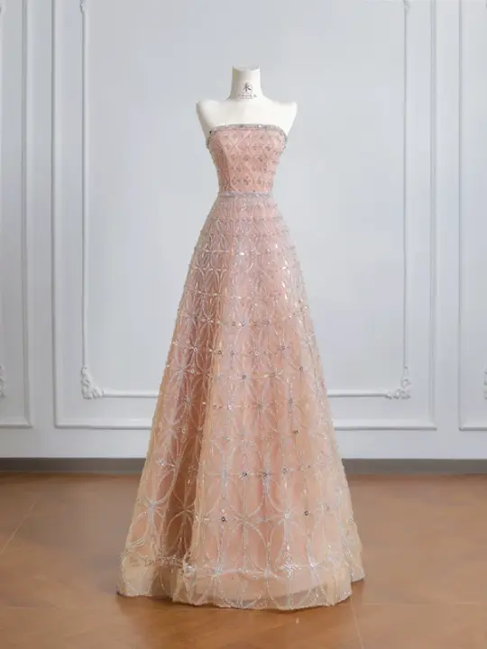 Light pink strapless, fitted waist, A-line skirt, long ball gown R8205