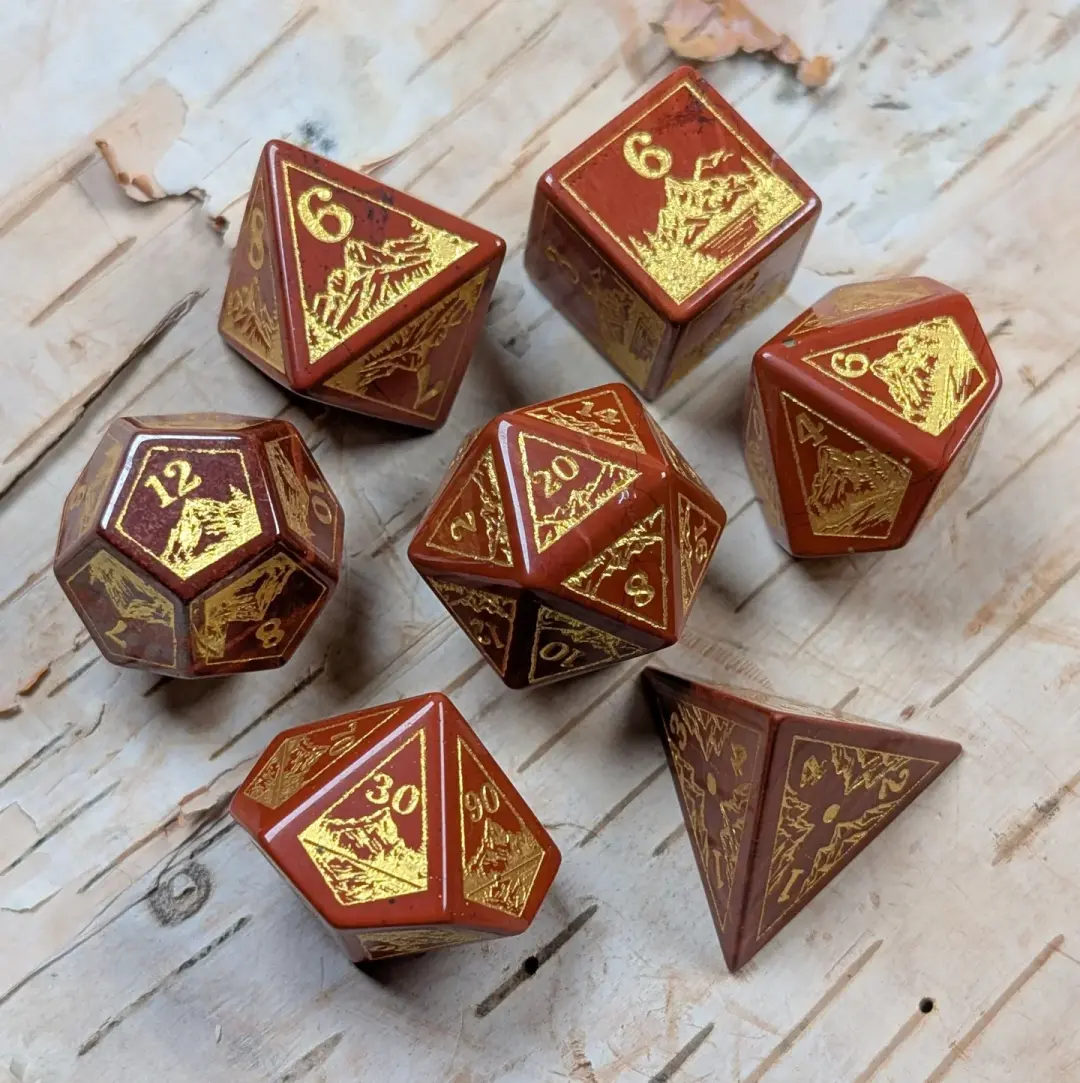 Everwild Red Jasper Gemstone Dice – Forest & Mountain Etched 7-Piece Set | Fennek & Finch