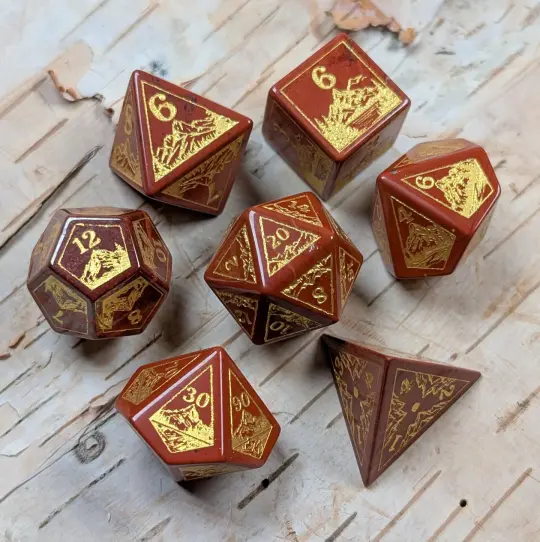 Everwild Red Jasper Gemstone Dice – Forest & Mountain Etched 7-Piece Set | Fennek & Finch