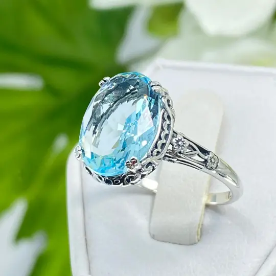Sky Blue Ring, Size 5.5, Simulated Gemstone, Edwardian Filigree Jewelry #D70 - Ready to Ship