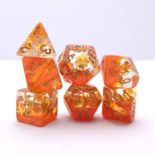 Harvest Dice Set – 7-Piece Translucent Pearly Orange Golden Leaf Glitter DnD