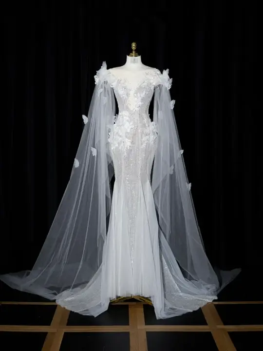 Light silver strapless, fitted waist, bodycon sexy long ball gown, bridal dress R8955