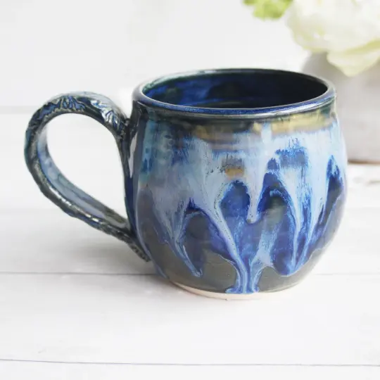 Handcrafted Pottery Mug in Dripping Blue and Black Glazes, 14 oz. Made in USA