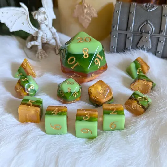 Timberlight Dice Set – 11-Piece Forest Ombre DnD Dice with Gold Font | Fennek & Finch