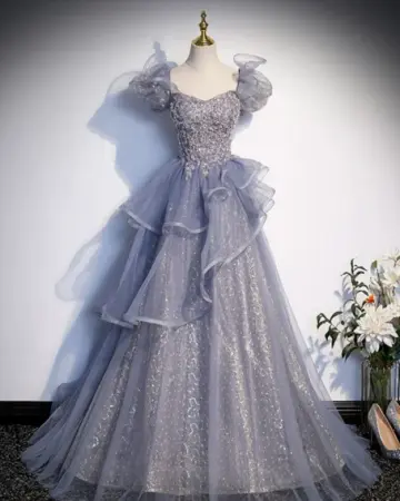 Glitter Navy Sequins Prom Dress ,A-Line Square Puff Sleeves Corset Maxi Evening Dress RS801