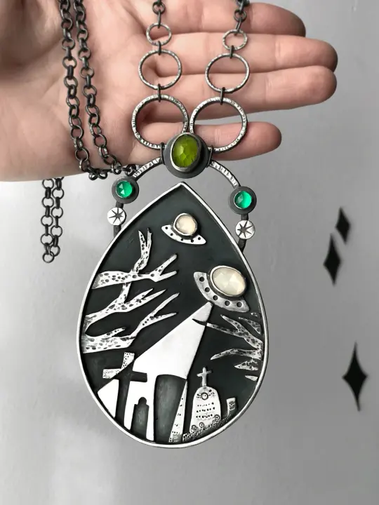 Sculptural Pendant with Flying Saucer Graveyard Scene