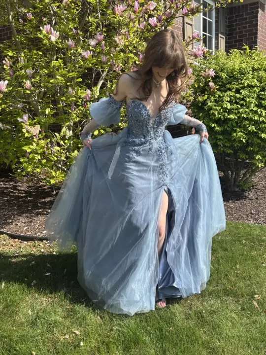 Hazy Tulle Emboidered Women's Prom Gown Dusty Blue Waist Fitted Maxi Evening Dress Birthday Dress — Fall Outfit 2026 New  RS3256