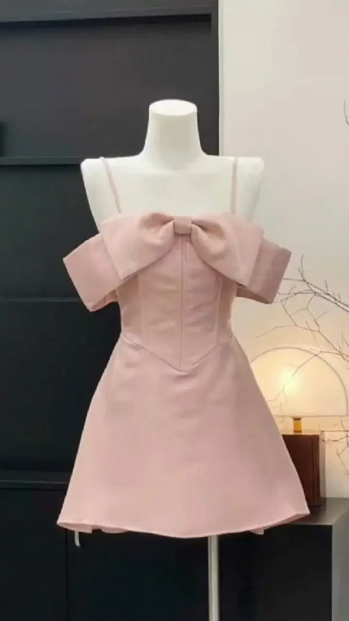 Pink suspender bow one shoulder waist slim A-line short skirt homecoming dress R3413