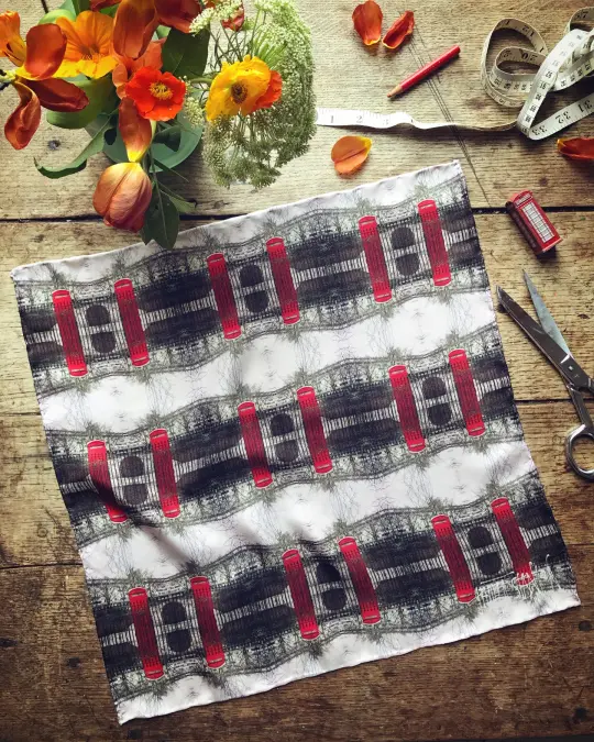 LONDON TELEPHONE BOX...100% SILK TWILL POCKET SQUARE WITH HAND ROLLED EDGES